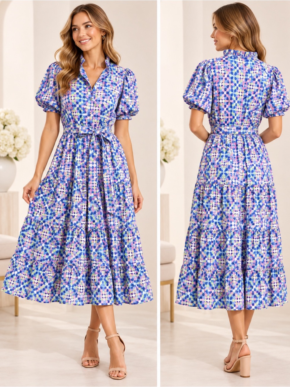 SSYS Athena Puff Sleeve Belted Midi Dress Womens Large Blue Geometric NWOT